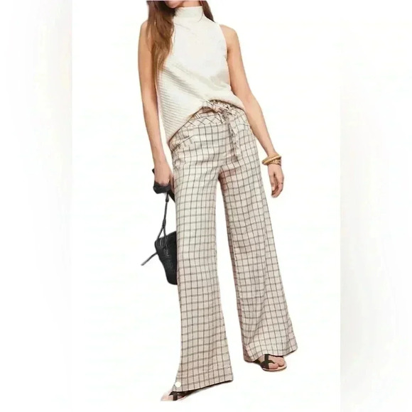 Anthropologie Windowpane Trousers Wide Leg High Rise Belted Ivory‎ Sz M - Picture 2 of 15